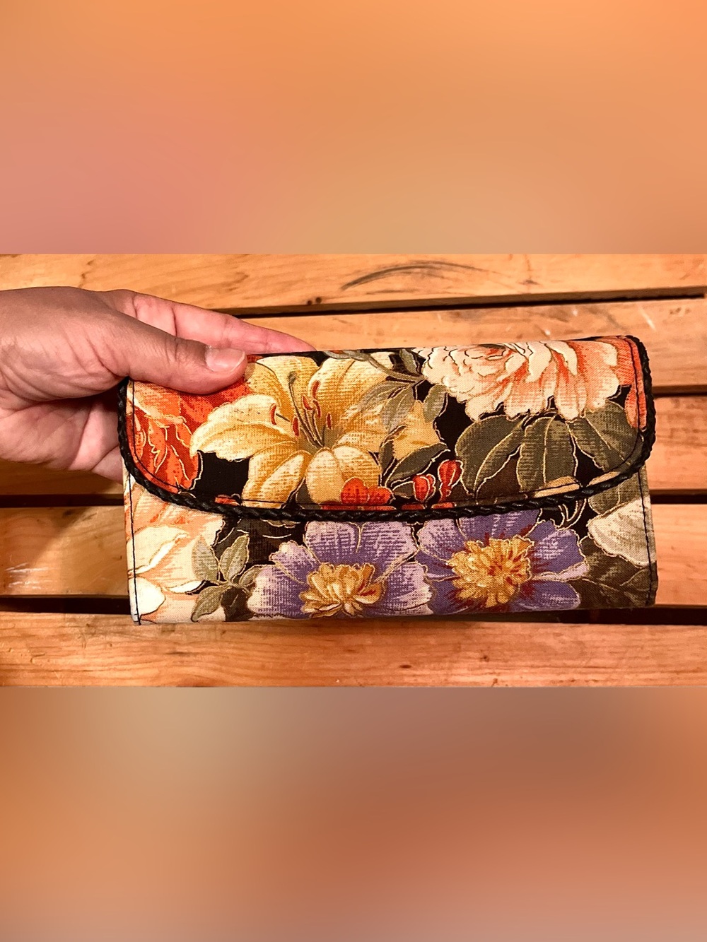 Avon Floral Fold-Over Wallet Clutch in Black with Multicolor Blooms
